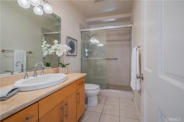 bathroom with vanity, tile patterned floors, a shower stall, and toilet