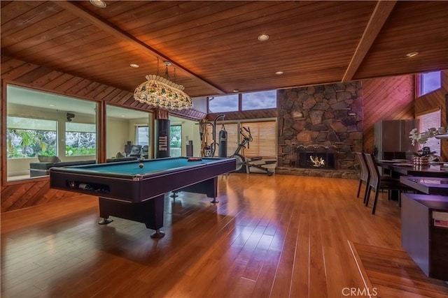 recreation room featuring wood ceiling, pool table, hardwood / wood-style flooring, and beamed ceiling