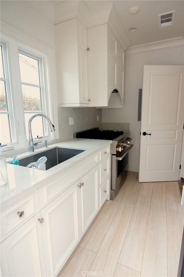 kitchen with visible vents, a sink, light countertops, high end stainless steel range, and white cabinets