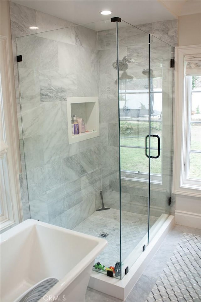 bathroom featuring a healthy amount of sunlight, a freestanding tub, and a stall shower
