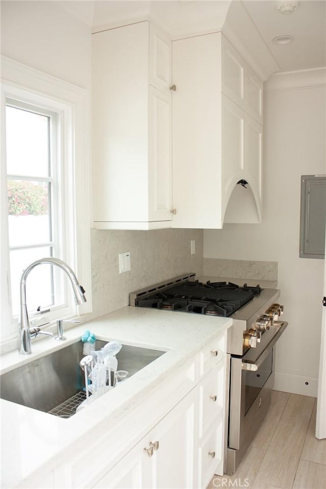 kitchen featuring a sink, high end range, and white cabinetry