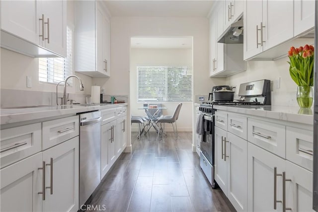 kitchen featuring under cabinet range hood, white cabinets, appliances with stainless steel finishes, and a healthy amount of sunlight