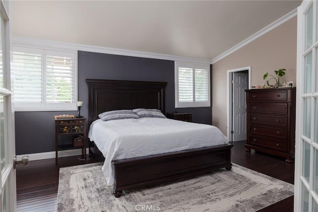 11080 Kayjay St, Riverside, CA 92503 - bedroom featuring vaulted ceiling, multiple windows, wood finished floors, crown molding, and baseboards