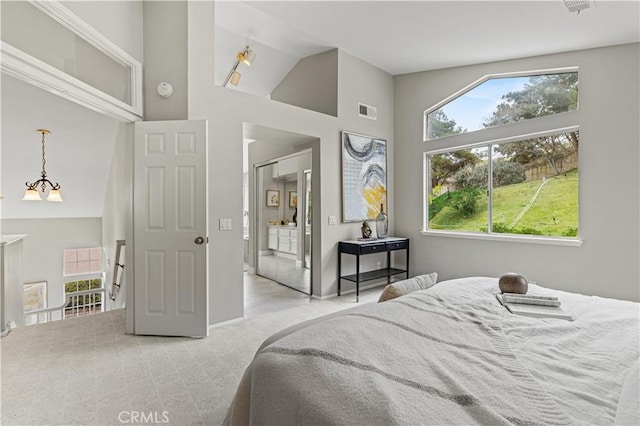bedroom featuring visible vents, connected bathroom, carpet, and high vaulted ceiling