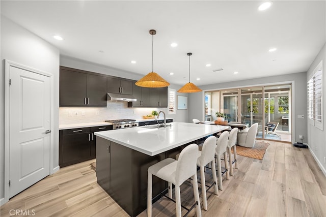 kitchen with light wood-type flooring, light countertops, and recessed lighting