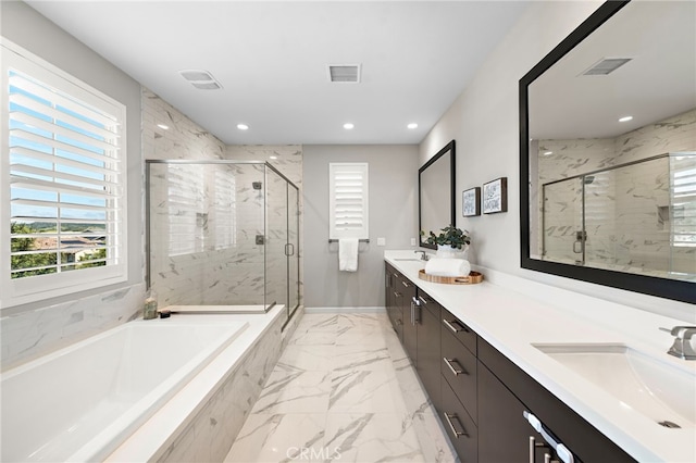 full bath featuring visible vents, marble finish floor, a bath, a sink, and a marble finish shower