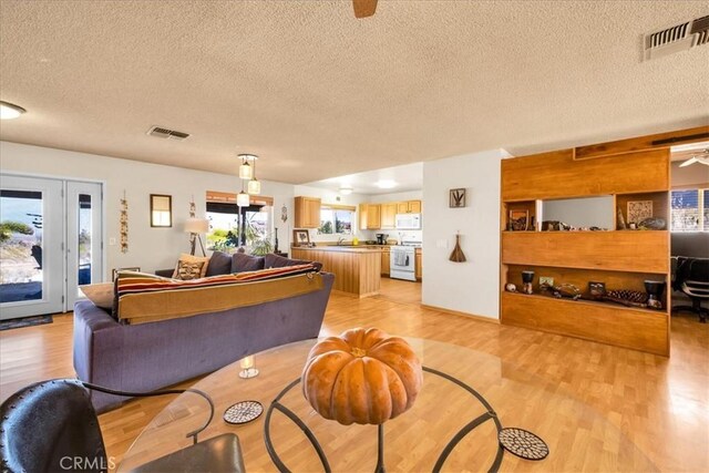 living area with light wood finished floors, a textured ceiling, and visible vents