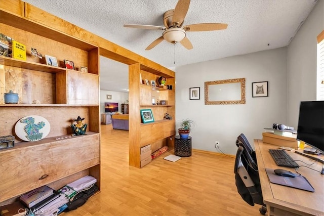 office area with ceiling fan, a textured ceiling, and wood finished floors