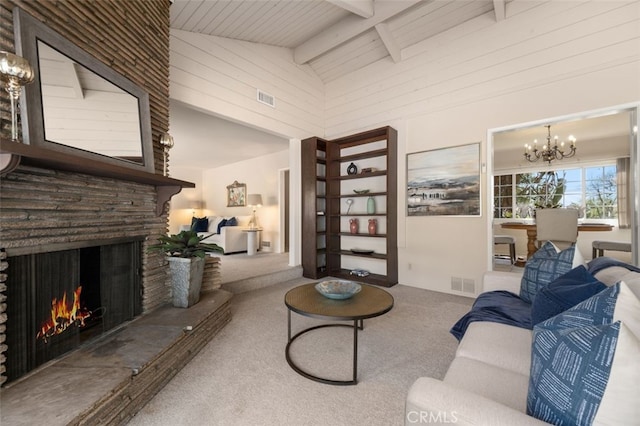 carpeted living room with an inviting chandelier, high vaulted ceiling, beam ceiling, and visible vents