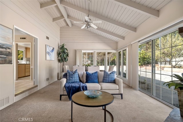 sunroom with beamed ceiling, ceiling fan, outdoor lounge area, and carpet flooring