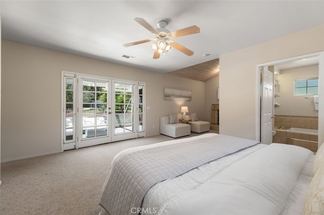 451 W Foothill Blvd, Arcadia, CA 91006 - bedroom featuring access to exterior, french doors, carpet, ensuite bath, and a ceiling fan
