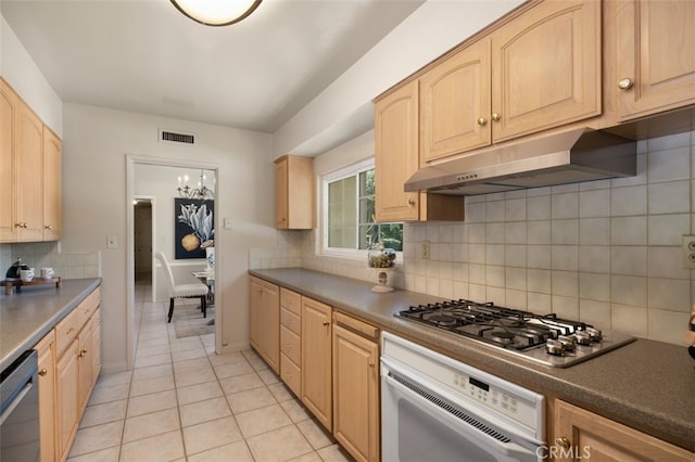 451 W Foothill Blvd, Arcadia, CA 91006 - kitchen with appliances with stainless steel finishes, under cabinet range hood, light brown cabinets, tasteful backsplash, and light tile patterned floors