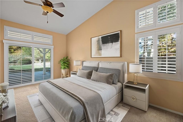 40949 Granite St, Palmdale, CA 93551 - bedroom with carpet floors, access to exterior, a ceiling fan, baseboards, and vaulted ceiling