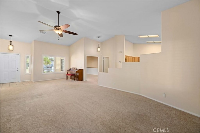 40949 Granite St, Palmdale, CA 93551 - unfurnished living room featuring carpet, ceiling fan, and high vaulted ceiling