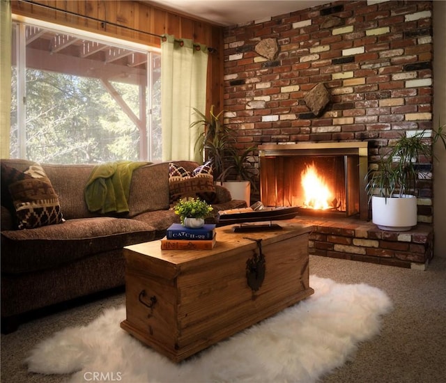 278 Mittry Ln, Lake Arrowhead, CA 92352 - living area with carpet and a brick fireplace