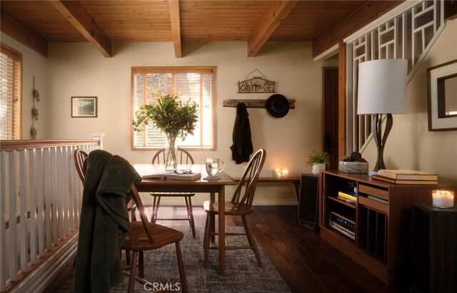 278 Mittry Ln, Lake Arrowhead, CA 92352 - dining room featuring dark wood-style flooring, beamed ceiling, wood ceiling, and baseboards