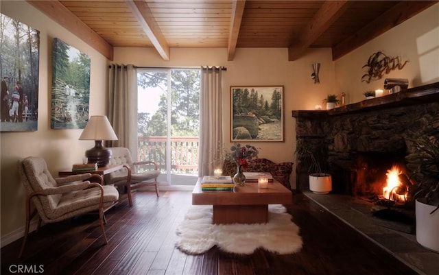 278 Mittry Ln, Lake Arrowhead, CA 92352 - living area with dark wood-type flooring, beam ceiling, wood ceiling, and a fireplace