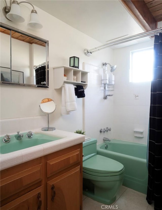 278 Mittry Ln, Lake Arrowhead, CA 92352 - full bath featuring tile patterned floors, shower / bathtub combination with curtain, toilet, and vanity