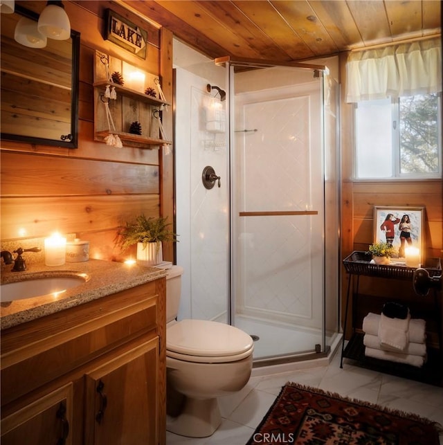 278 Mittry Ln, Lake Arrowhead, CA 92352 - full bath with a stall shower, wood ceiling, vanity, toilet, and wood walls