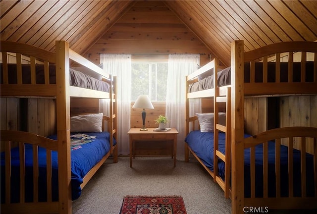 278 Mittry Ln, Lake Arrowhead, CA 92352 - carpeted bedroom with lofted ceiling, wooden ceiling, and wood walls