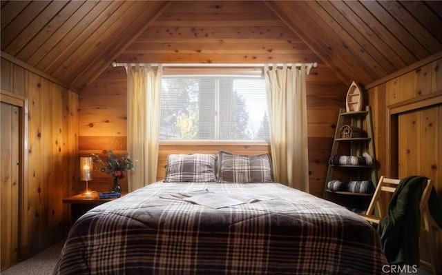 278 Mittry Ln, Lake Arrowhead, CA 92352 - bedroom with wood walls, vaulted ceiling, wooden ceiling, and carpet floors