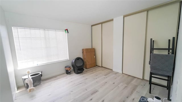 unfurnished bedroom featuring light wood-type flooring and two closets