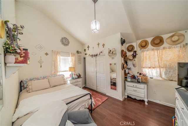7120 Lyons Ave, Hesperia, CA 92345 - bedroom featuring high vaulted ceiling and dark wood finished floors