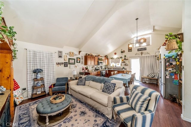 7120 Lyons Ave, Hesperia, CA 92345 - living area featuring dark wood finished floors, a notable chandelier, and vaulted ceiling