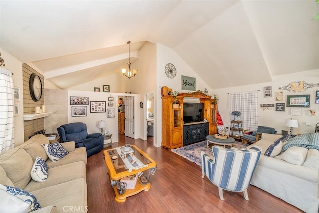 7120 Lyons Ave, Hesperia, CA 92345 - living room featuring an inviting chandelier, lofted ceiling, dark wood-style floors, and a fireplace
