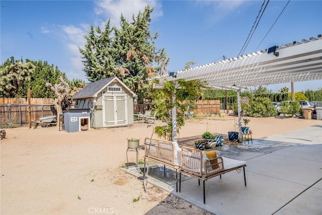 7120 Lyons Ave, Hesperia, CA 92345 - view of patio / terrace with an outdoor structure, a fenced backyard, a pergola, and a storage shed