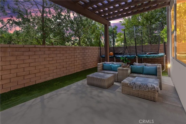 137 Lavender, Lake Forest, CA 92630 - view of patio / terrace featuring a pergola, a fenced backyard, a trampoline, and an outdoor hangout area