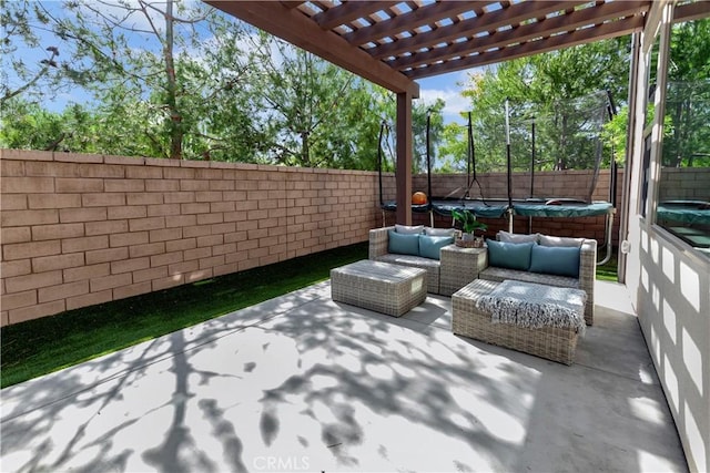 137 Lavender, Lake Forest, CA 92630 - view of patio / terrace featuring a fenced backyard, a pergola, an outdoor hangout area, and a hot tub