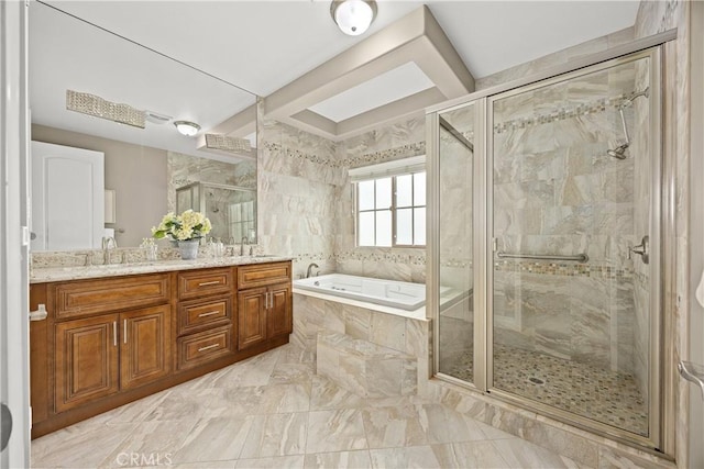 full bath featuring double vanity, marble finish floor, a bath, a shower stall, and a sink