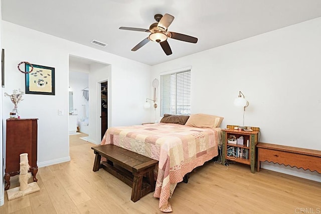 3524 Lone Pine Ln, San Marcos, CA 92078 - bedroom featuring visible vents, baseboards, connected bathroom, a ceiling fan, and light wood finished floors