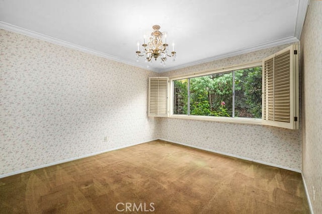 spare room featuring crown molding, carpet floors, and wallpapered walls