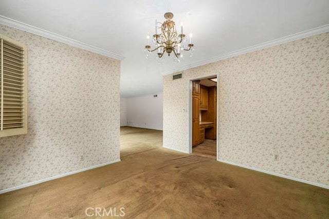 unfurnished dining area featuring crown molding and wallpapered walls
