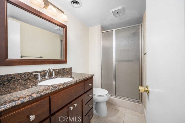 full bath with tile patterned flooring, a shower stall, toilet, and visible vents