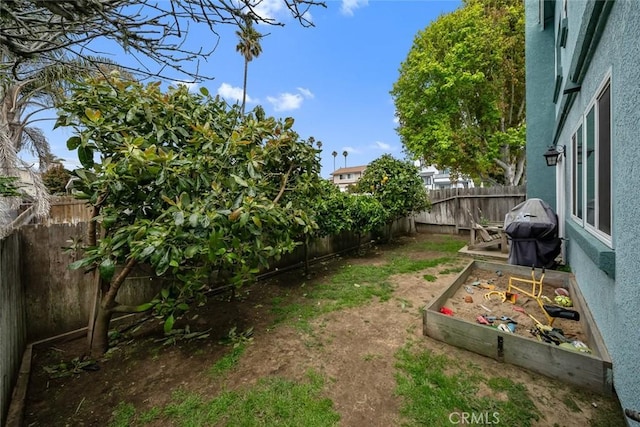 view of yard featuring a fenced backyard and a garden