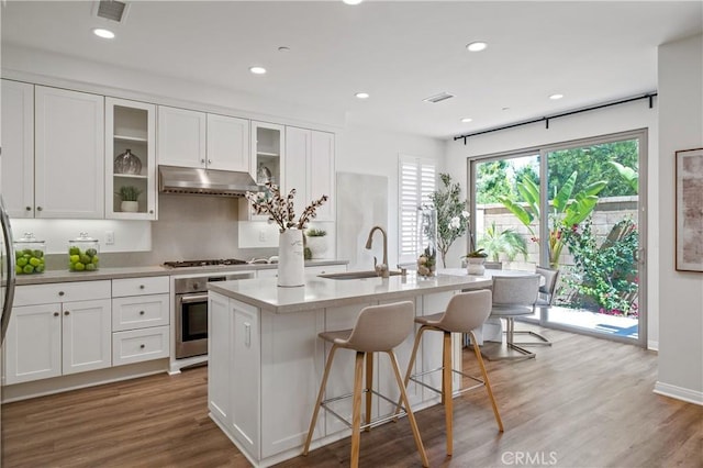 125 Annuals, Irvine, CA 92618 - kitchen featuring white cabinets, a sink, a kitchen island with sink, stainless steel oven, and under cabinet range hood