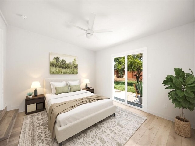 bedroom featuring access to outside, baseboards, ceiling fan, and light wood-style flooring