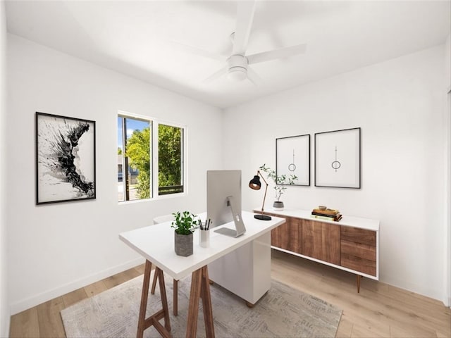 office area featuring ceiling fan and light wood-style floors