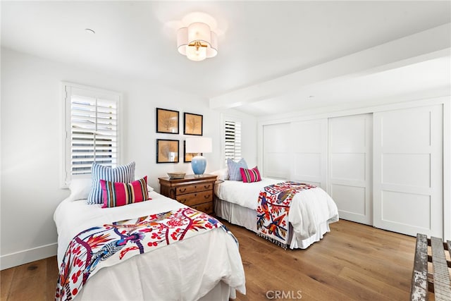 bedroom featuring baseboards, multiple windows, wood finished floors, and a closet