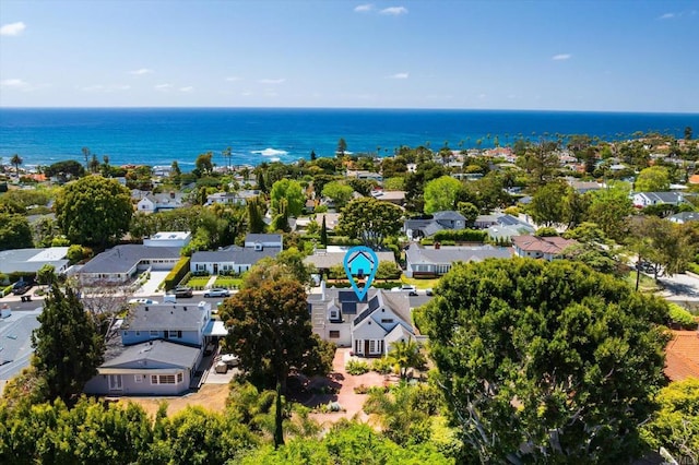 aerial view featuring a water view and a residential view