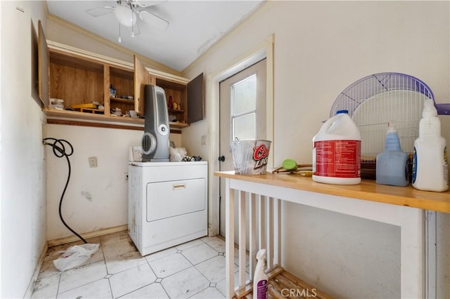 20780 Calle Rocio, Temecula, CA 92590 - washroom with ceiling fan, washer / clothes dryer, and crown molding