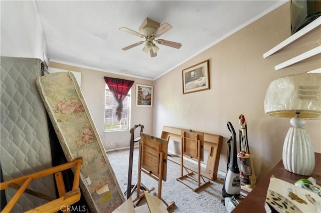 20780 Calle Rocio, Temecula, CA 92590 - dining space featuring crown molding, a ceiling fan, carpet floors, and baseboards