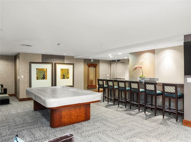 rec room with carpet floors, recessed lighting, visible vents, and billiards