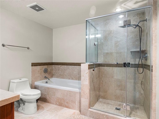 bathroom with visible vents, a garden tub, toilet, and a shower stall