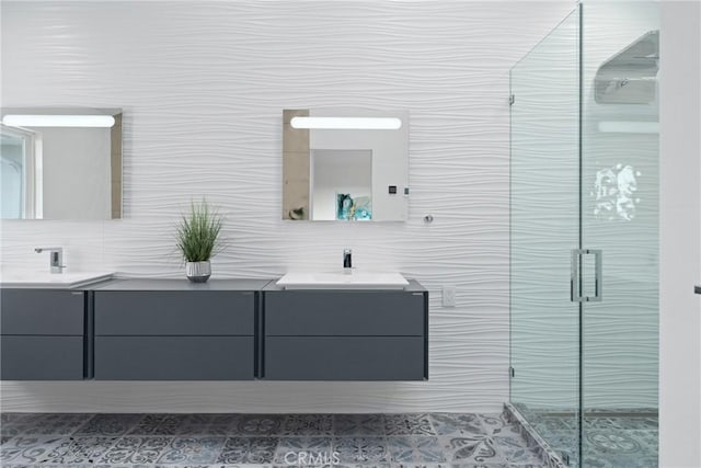 303 Calle Paisano, San Clemente, CA 92673 - bathroom featuring vanity, decorative backsplash, a shower stall, and tile patterned flooring