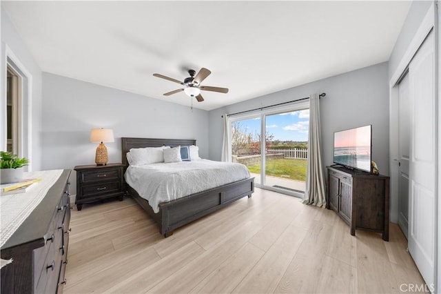 24052 Estacia Ave, Laguna Niguel, CA 92677 - bedroom with access to outside, a ceiling fan, light wood finished floors, and a closet