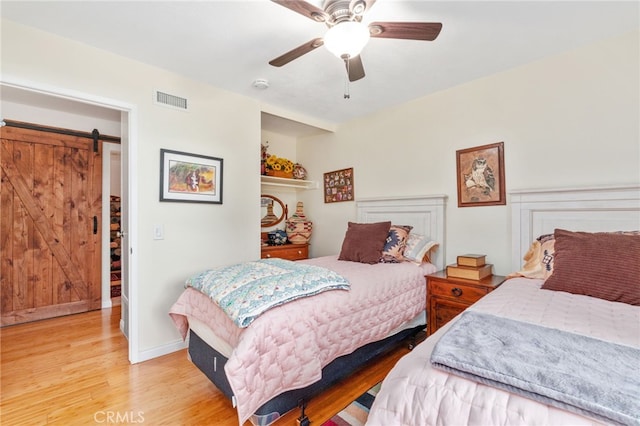 1316 Via Ln, Ranchita, San Marcos, CA 92069 - bedroom with a ceiling fan, visible vents, wood finished floors, a barn door, and baseboards